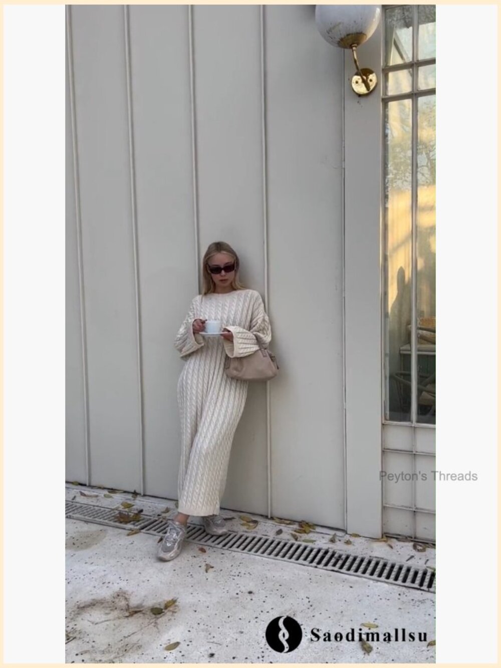 Oversized Cable Knit Sweater Dress Crew Neck Long Sleeve Midi Pullover - Picture 7 of 7